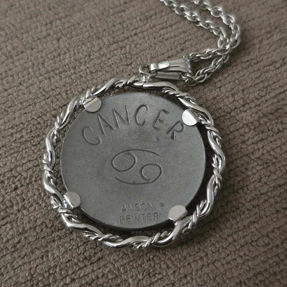 Vintage Cancer Zodiac Pendant Necklace Anson Pewter Silver Tone 24